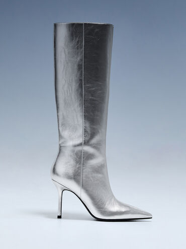 Metallic Pointed-Toe Stiletto-Heel Knee-High Boots, Silver, hi-res