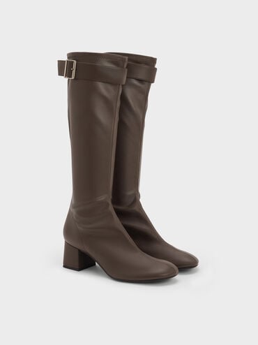 Gerry Buckled Block-Heel Knee-High Boots, Dark Brown, hi-res