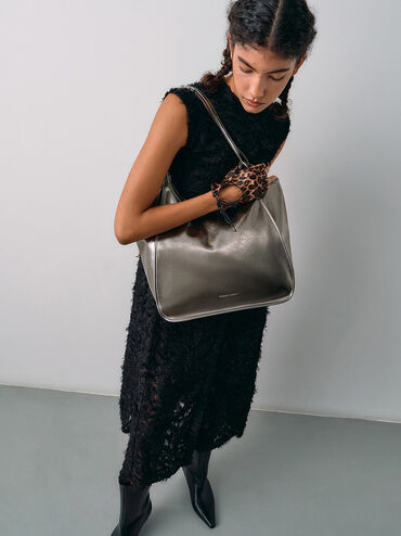 Sianna Metallic Crinkle-Effect Slouchy Tote Bag, Pewter, hi-res