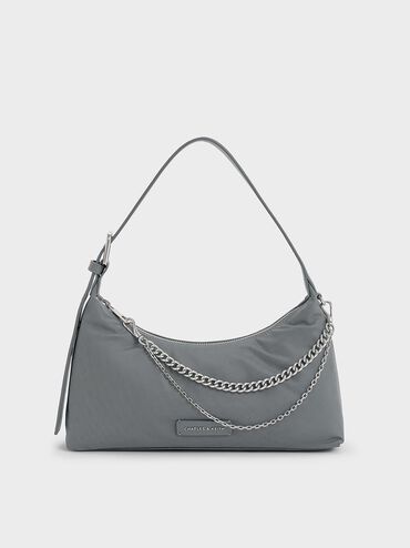 Nylon Chain-Link Trapeze Shoulder Bag, Grey, hi-res
