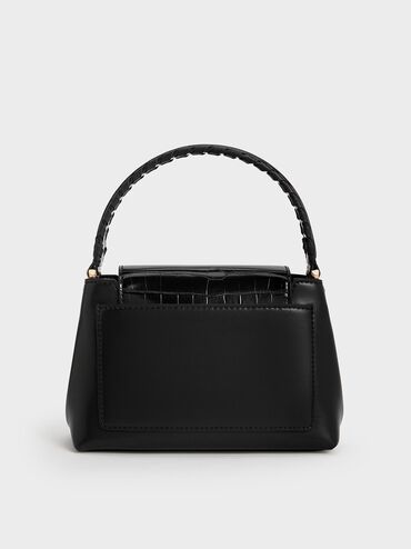 Sac &agrave; main &agrave; effet croco et lani&egrave;re tress&eacute;e Arwen, Noir, hi-res