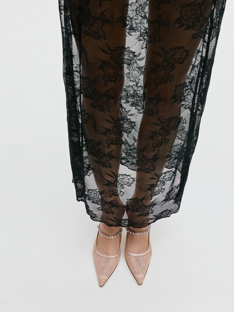 Lace & Satin Crystal Heeled Mules, Nude, hi-res