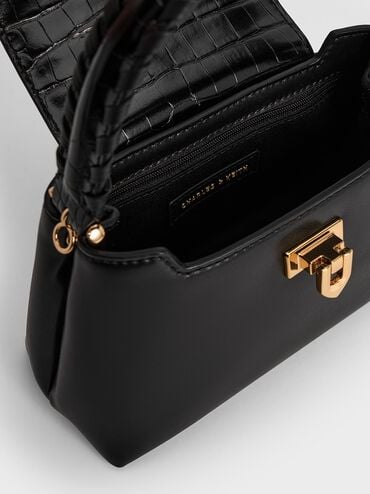 Sac &agrave; main &agrave; effet croco et lani&egrave;re tress&eacute;e Arwen, Noir, hi-res