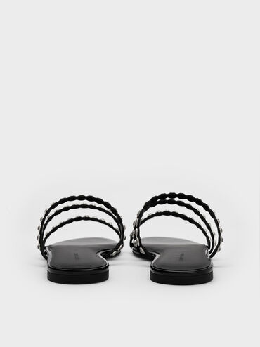 Kristallverzierte Sandalen mit drei Riemen, Schwarz mit Textur, hi-res