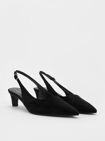 Faux Suede Pointed-Toe Kitten-Heel Slingback Pumps, Black Textured, hi-res