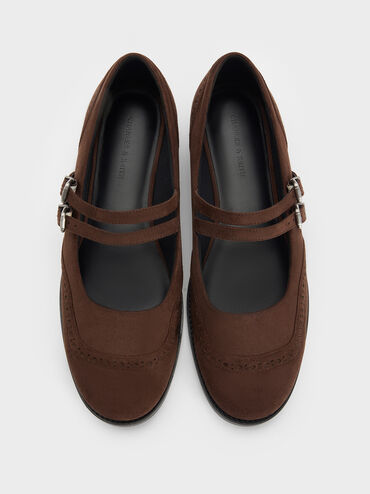 Brogue Mary Janes aus Wildlederimitat mit Doppelriemen, Dark Brown Textured, hi-res