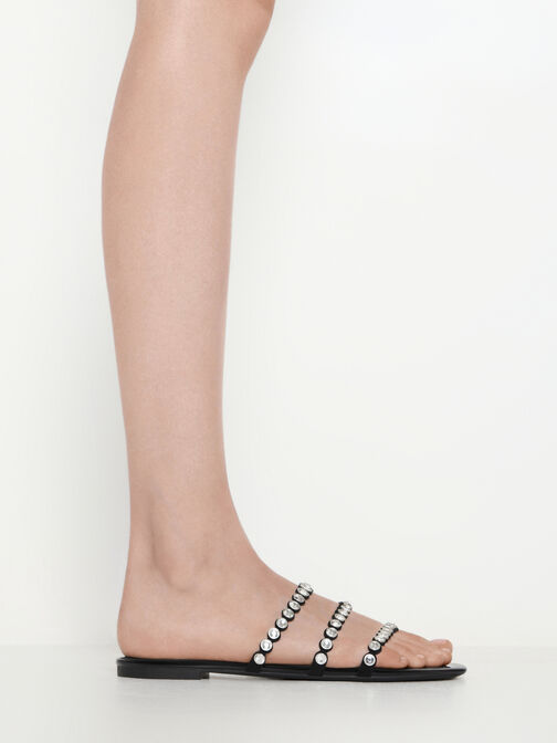 Kristallverzierte Sandalen mit drei Riemen, Schwarz mit Textur, hi-res
