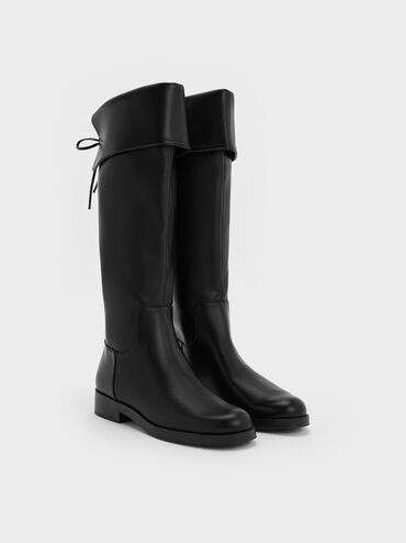 Fold-Over Back-Tie Thigh-High Boots, Black, hi-res