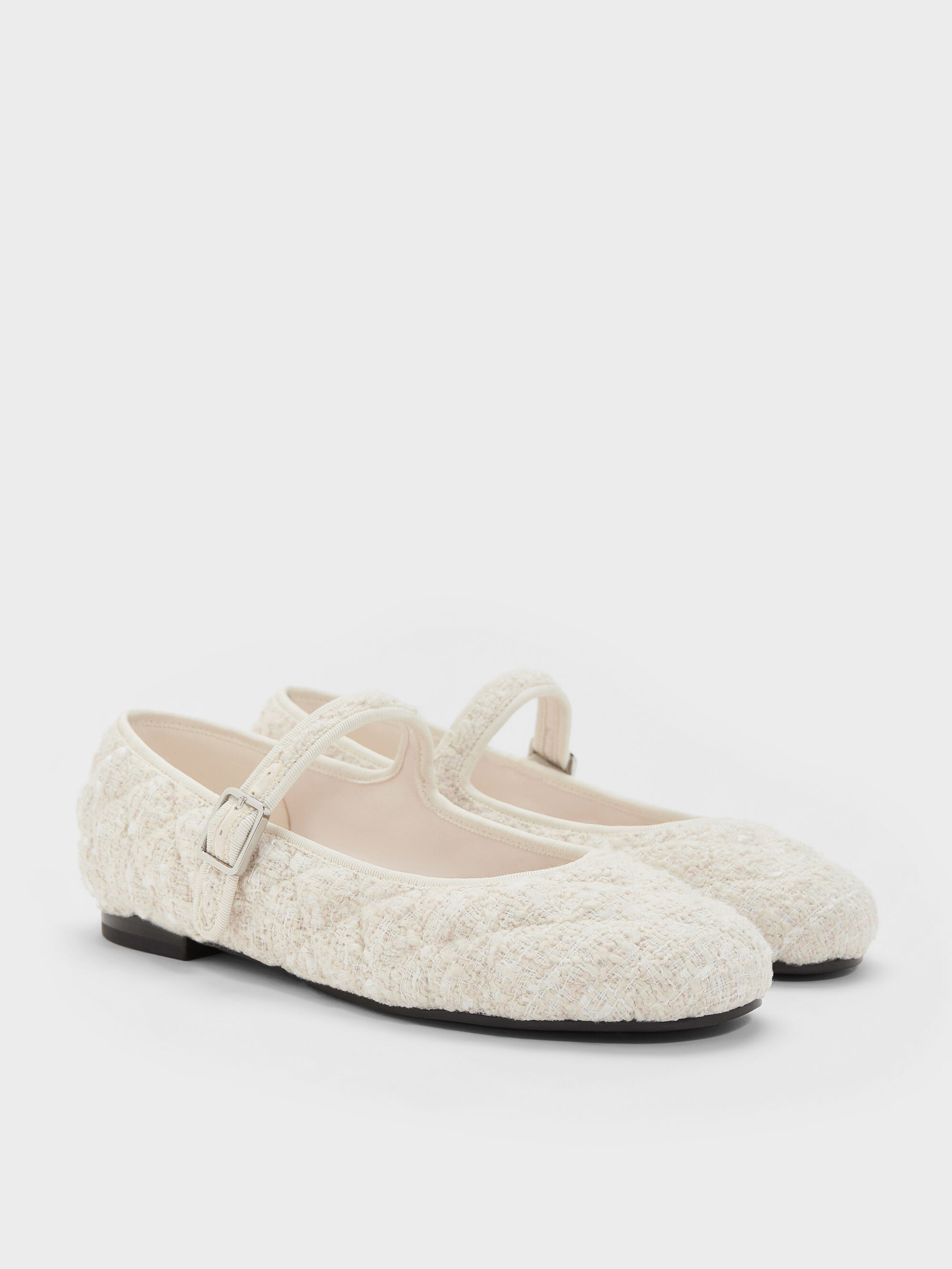 White Carmel Tweed Quilted Mary Jane Flats - White - CHARLES