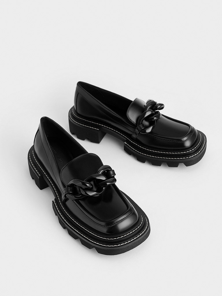 Women’s Perline Chunky Chain Loafers in black   - CHARLES & KEITH