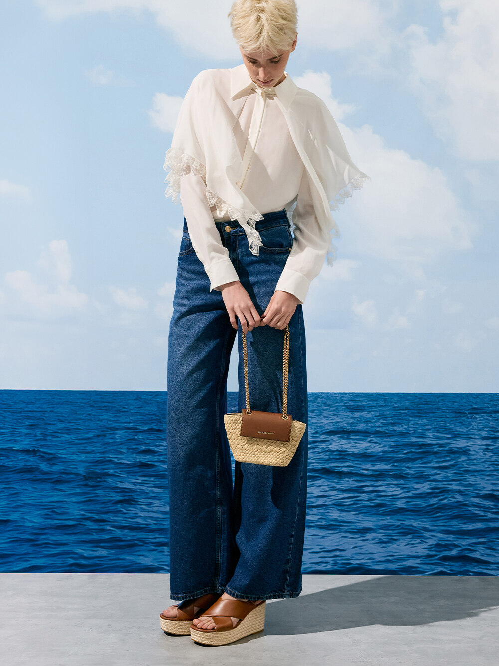 Women’s Shalia raffia chain-strap crossbody bag and crossover espadrille wedges in brown  - CHARLES & KEITH