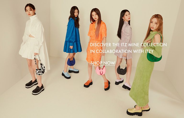 ITZY X CHARLES & KEITH: ITZ MINE cobalt, dark moss, chalk, pink, green Gabine belted hobo bag and lilac, yellow, orange, light blue and black Rainier chunky platform penny loafers.
