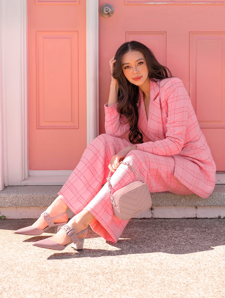 Women’s Sepphe recycled nylon grommet slingback pumps and Sonia recycled nylon padded boxy bag, as seen on Tara Whiteman - CHARLES & KEITH