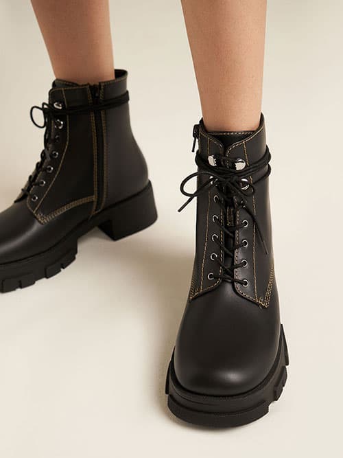 Lace-Up Combat Boots - Black