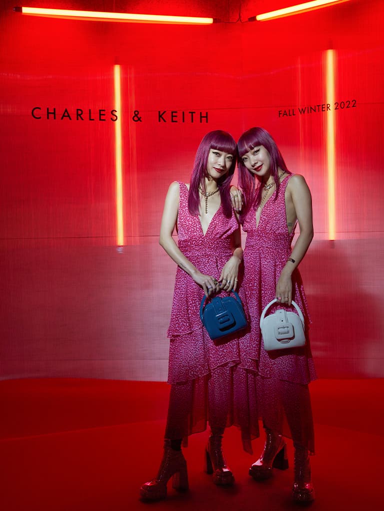 Lula Patent Block Heel Boots in red and Lula Patent Belted Bag, in turquoise and light grey - CHARLES & KEITH