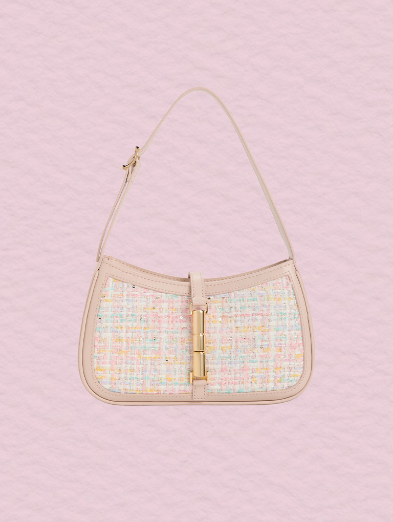 Women’s Cesia metallic accent tweed shoulder bag in white - CHARLES & KEITH