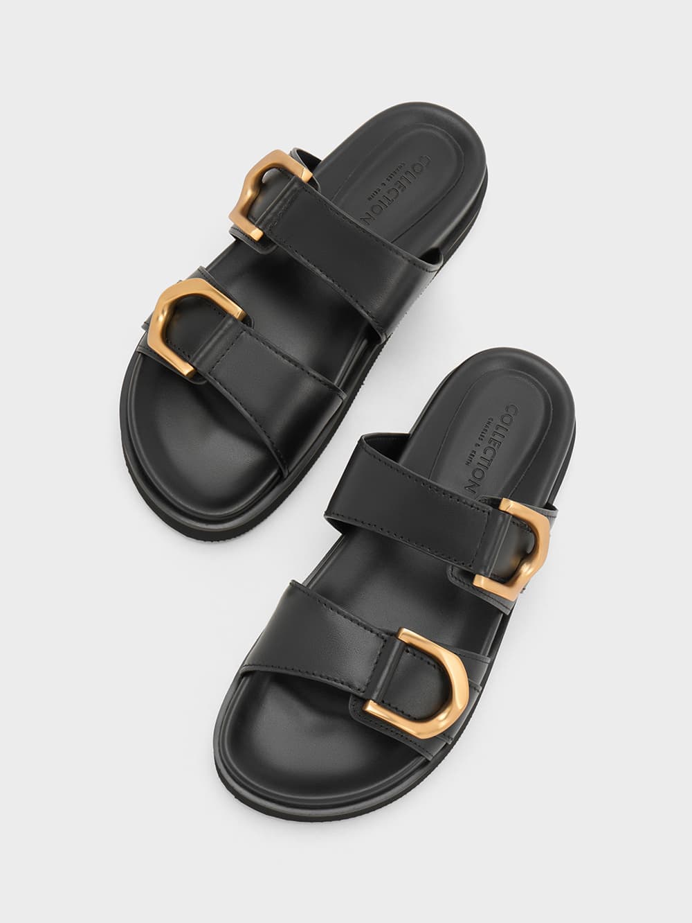 Women’s Black Gabine Buckled Leather Slides - CHARLES & KEITH