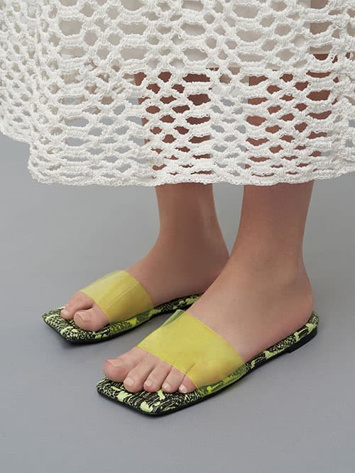 Snake-Print Padded Slide Sandals, Animal Print Yellow
