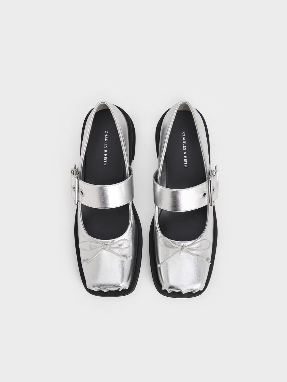 Metallic Silver Bow Buckled Mary Janes - CHARLES & KEITH