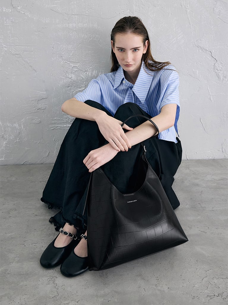 Women’s Liv croc-effect hobo bag in noir  - CHARLES & KEITH