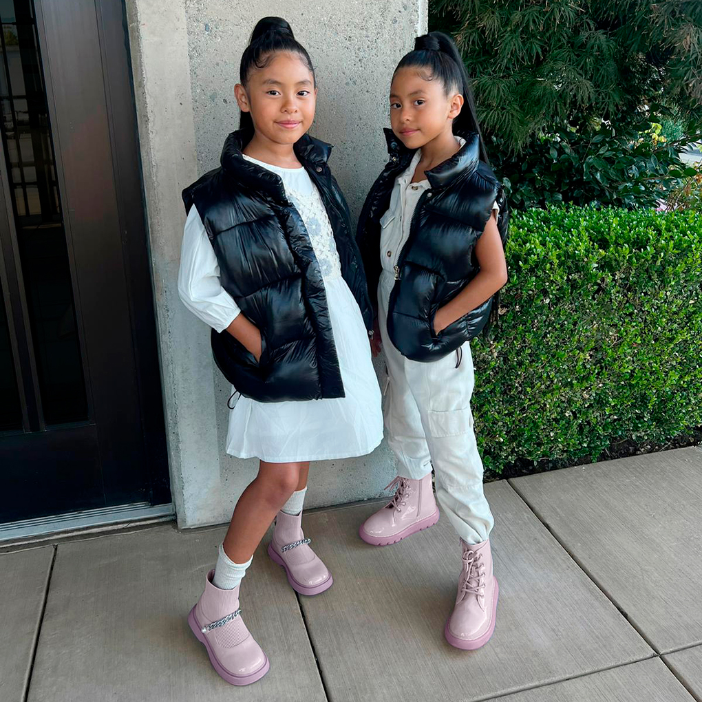 Girls’ chain-link knitted sock boots and patent lace-up boots in lilac, as seen on the Cisneros twins  - CHARLES & KEITH