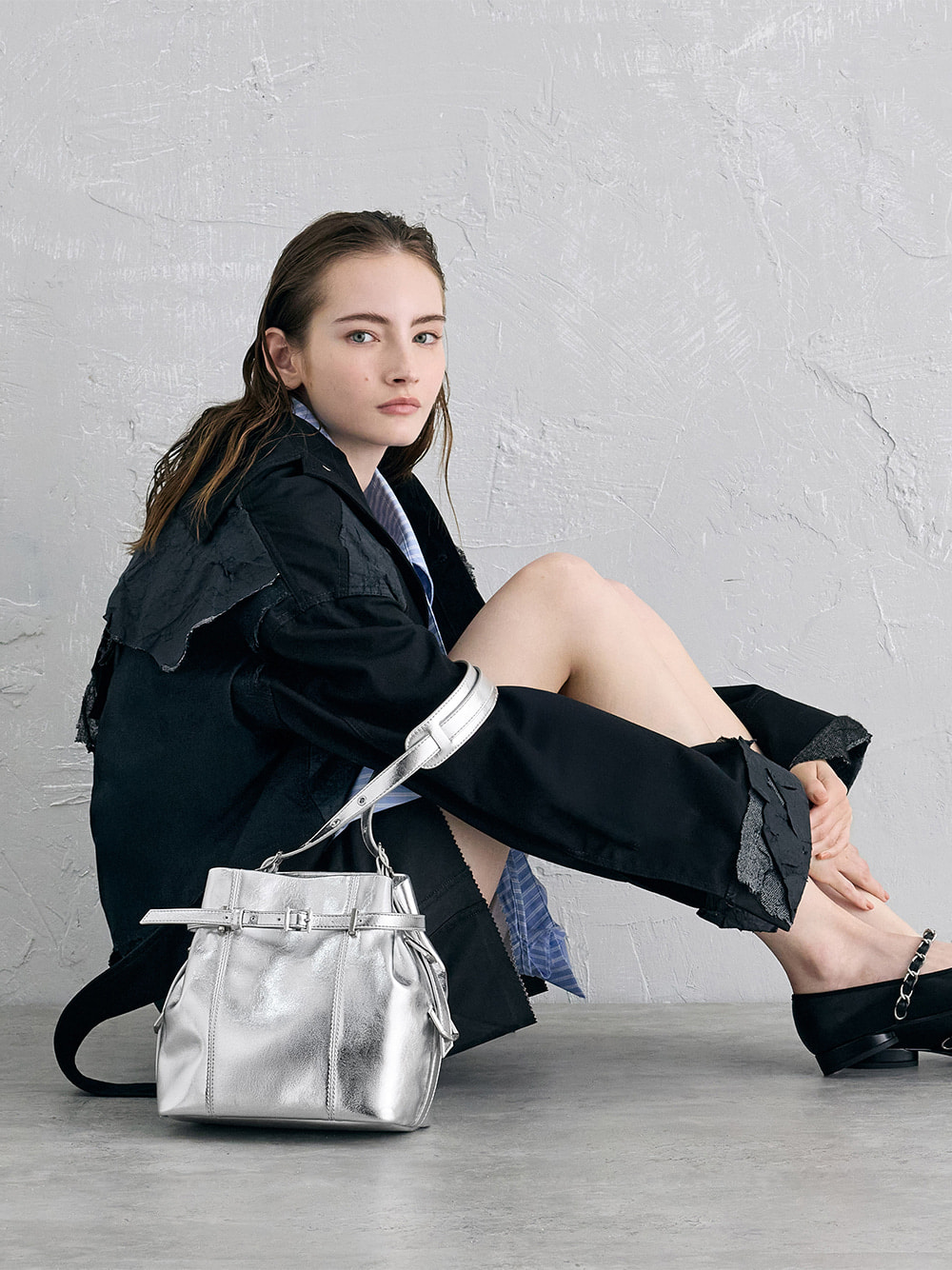 Women’s Bryna metallic belted bucket bag in silver  - CHARLES & KEITH