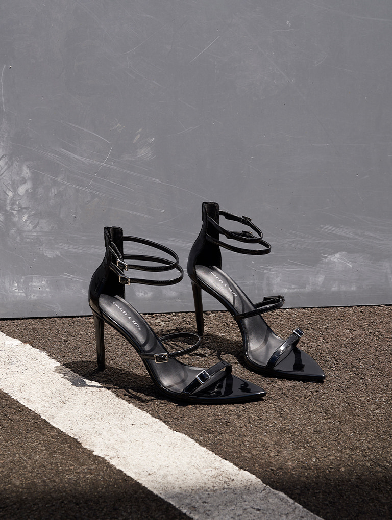 Women’s patent strappy heeled sandals in black (product image) – CHARLES & KEITH