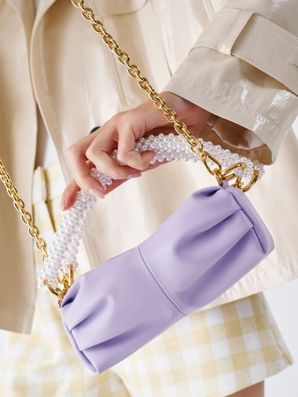 Women's lilac beaded handle ruched shoulder bag - CHARLES & KEITH