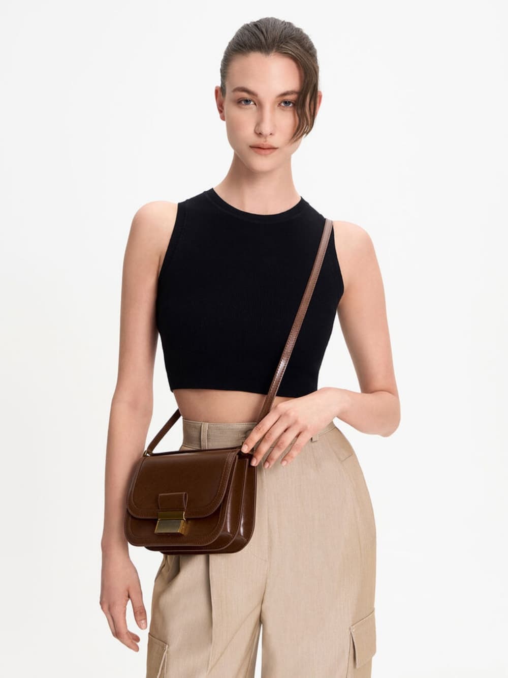 Women’s black contrast-trim belted crossbody bag - CHARLES & KEITH‌