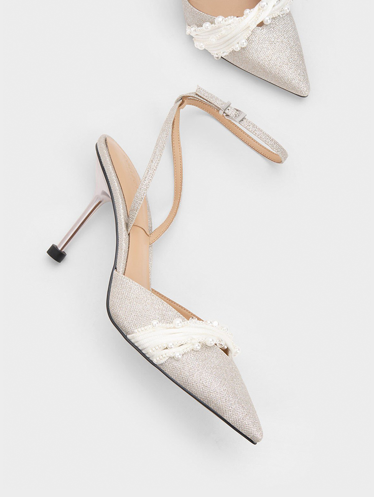 Women’s beaded glittered ankle-strap pumps in silver (close up) - CHARLES & KEITH