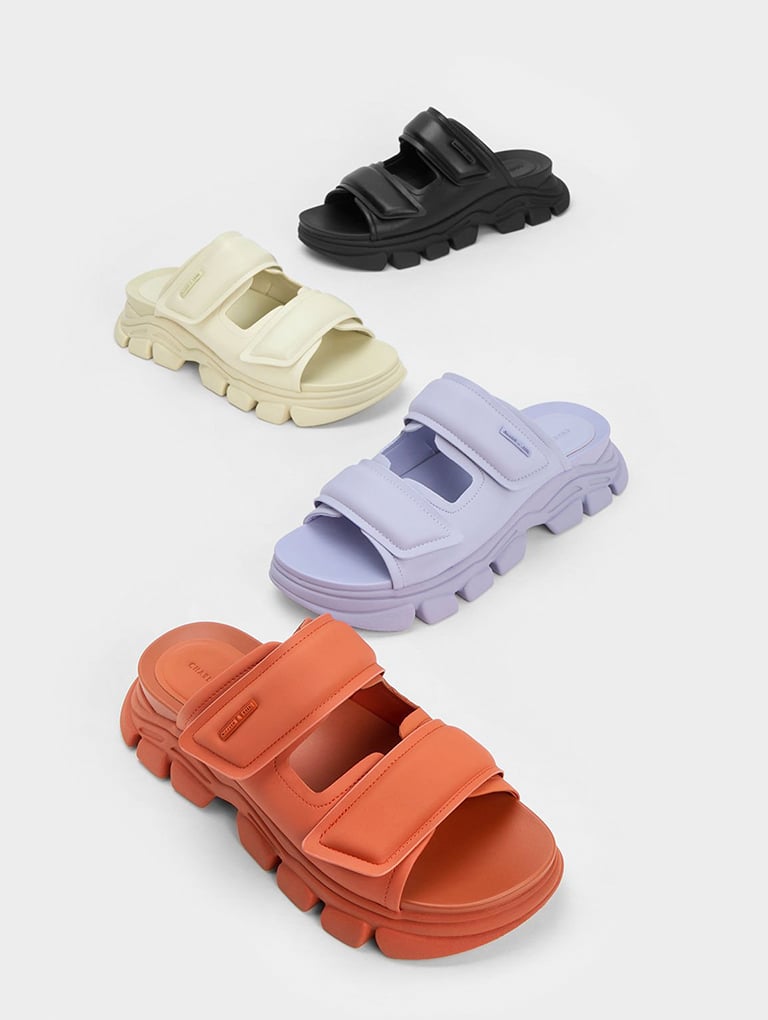 Women’s Dash Double Strap Slides in black, chalk, lilac and orange - CHARLES & KEITH