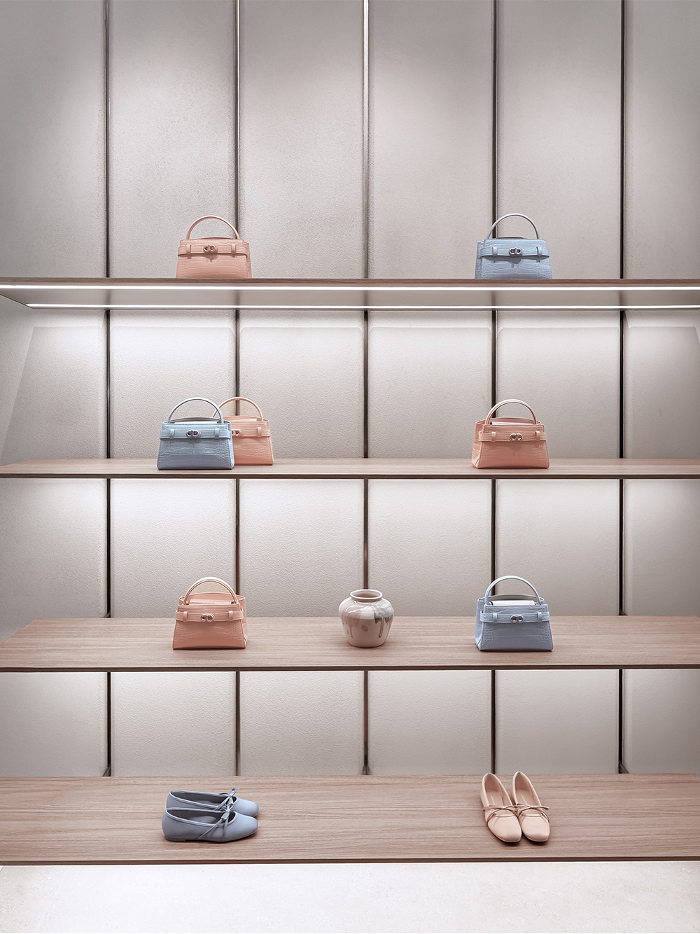 The new-season Aubrielle croc-effect bags on display at CHARLES & KEITH’s Chengdu flagship store