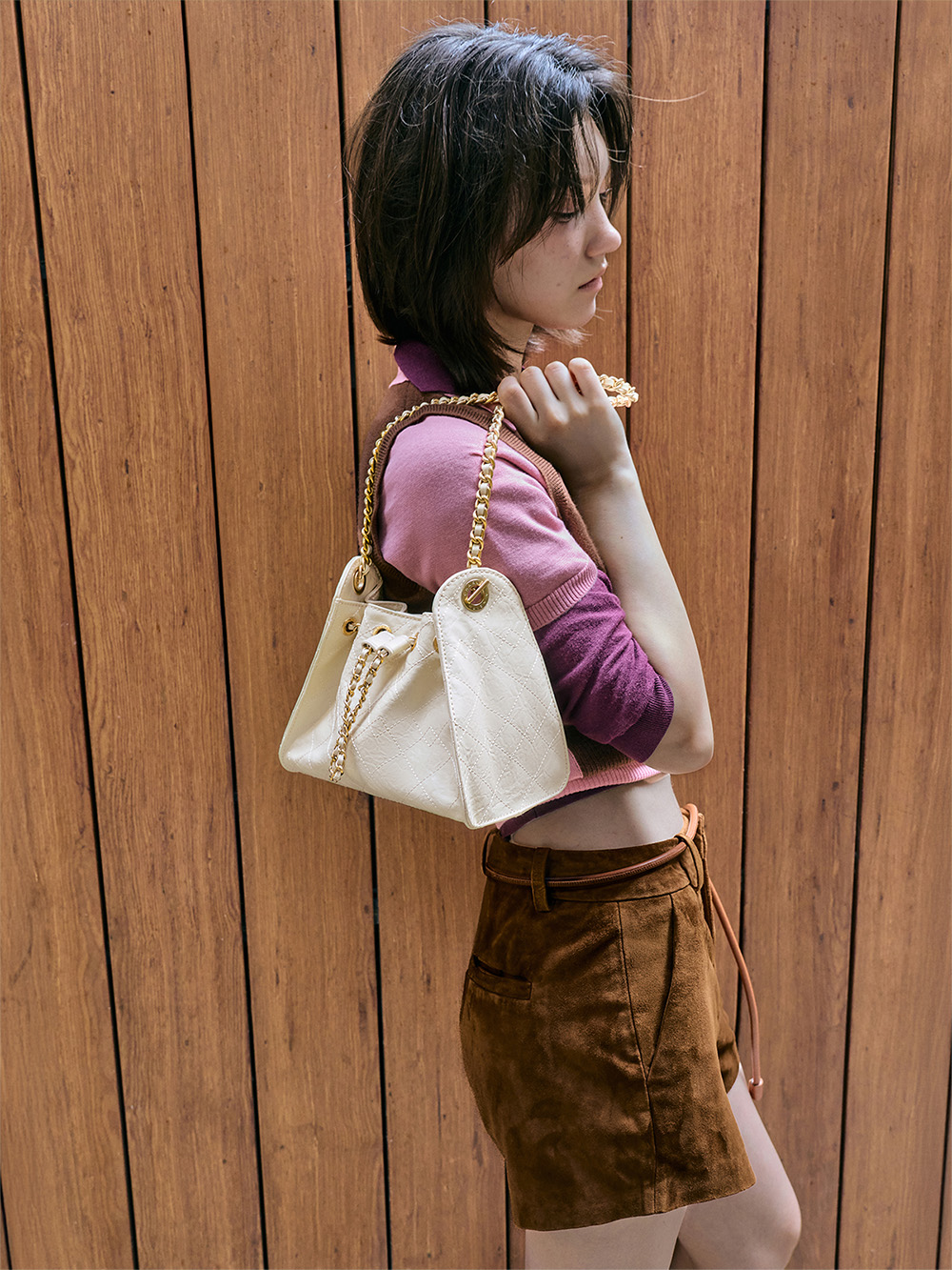 Cream Duo Quilted Drawstring Bucket Bag - CHARLES & KEITH 
