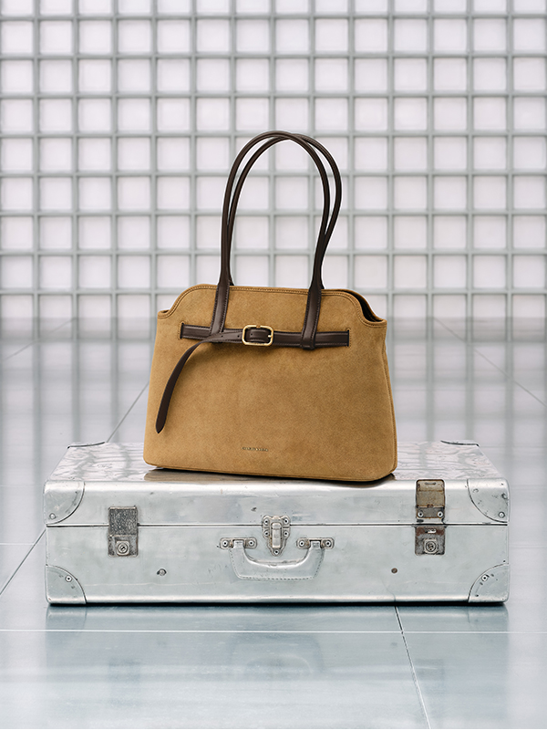 Sahara Sand Victoria Recycled Suede Belted Trapeze Tote Bag - CHARLES & KEITH