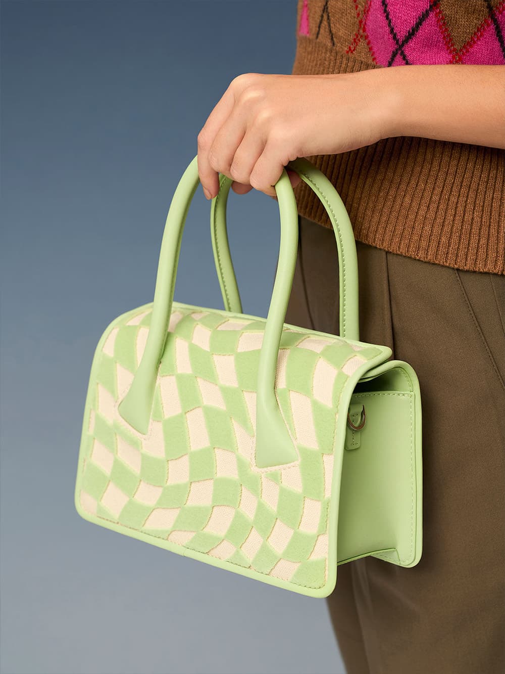 Women's mint green Daylla checkered canvas bag - CHARLES & KEITH