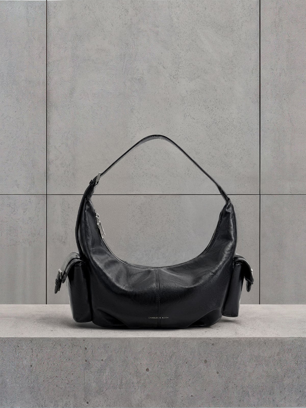 Noir Bessie Side-Pocket Hobo Bag -  CHARLES & KEITH