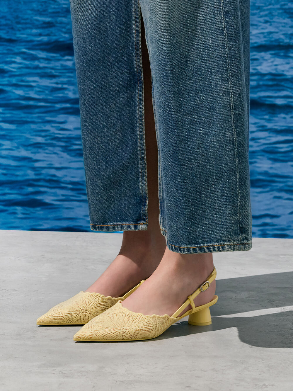 Women’s crochet floral pointed-toe slingback pumps in yellow  - CHARLES & KEITH