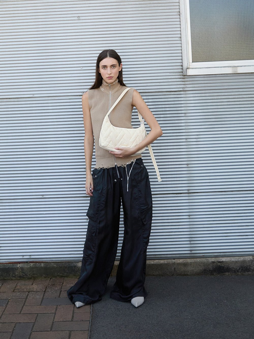 Women's Nylon Chevron Shoulder bag in cream - CHARLES & KEITH