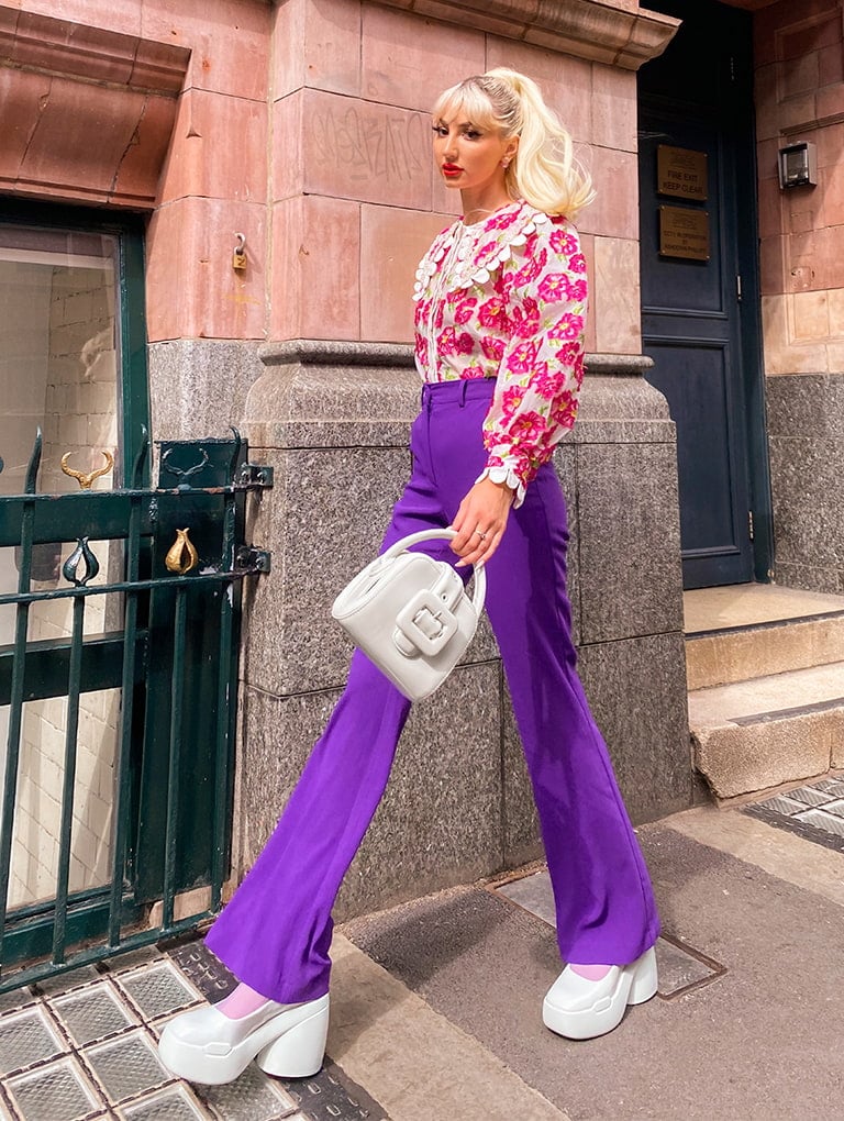 Women’s Lula Patent Chunky Heel Pumps and Lula Patent Belted Bag, both in light grey- CHARLES & KEITH