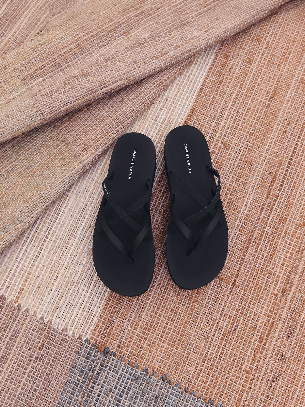 Black Textured Levy Satin Strappy Flatform Sandals -  CHARLES & KEITH