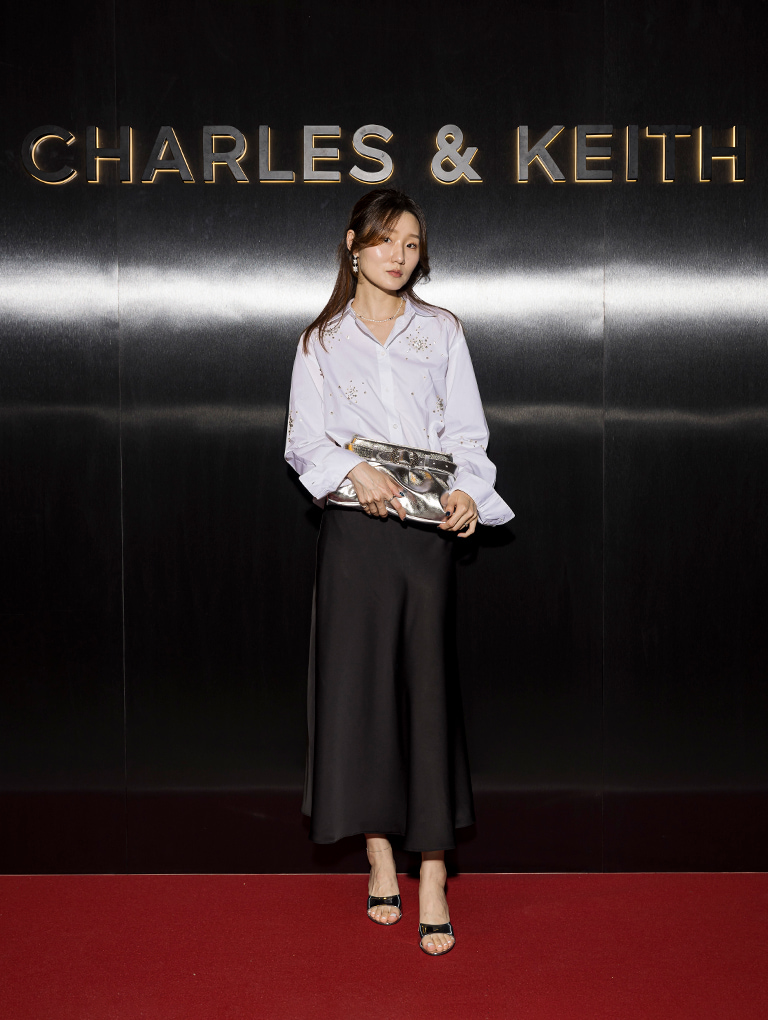 Women’s Avis Metallic Belted Ruched Shoulder Bag in silver and Metallic Slant-Heel Mules in silver  - CHARLES & KEITH