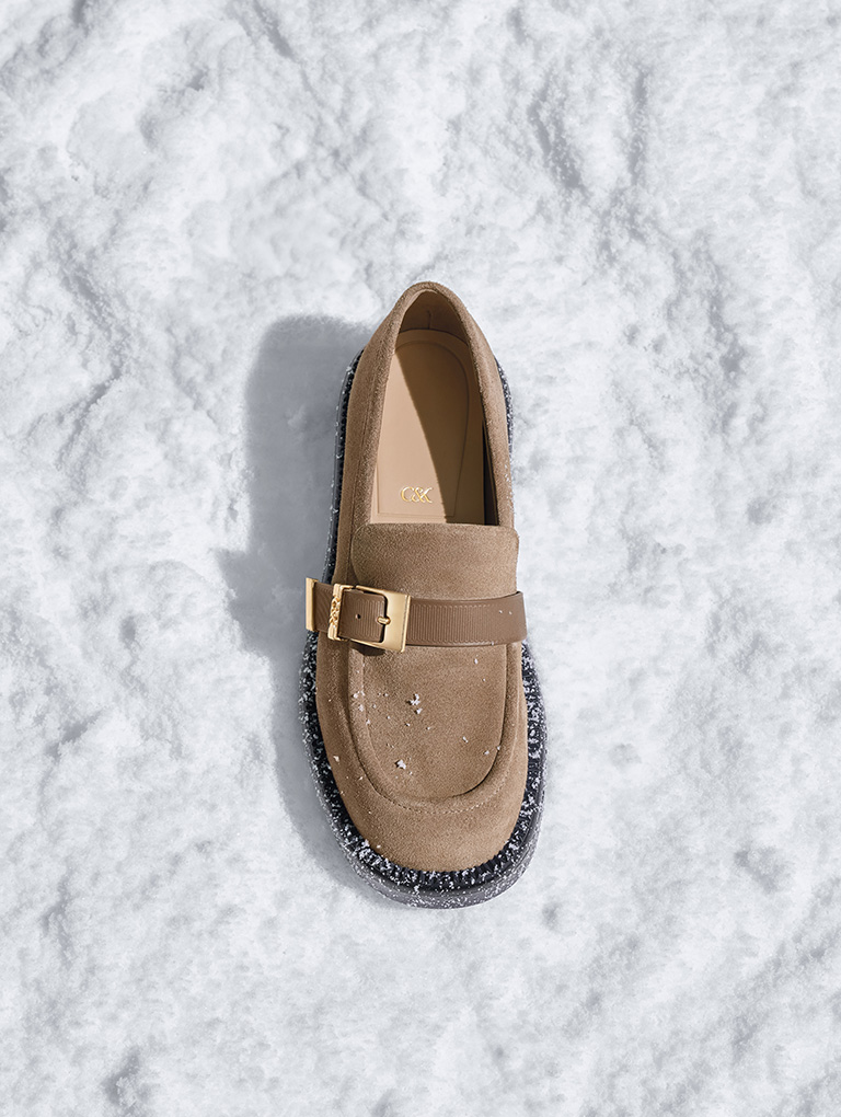 Women’s leather & suede buckled-strap loafers in taupe - CHARLES & KEITH