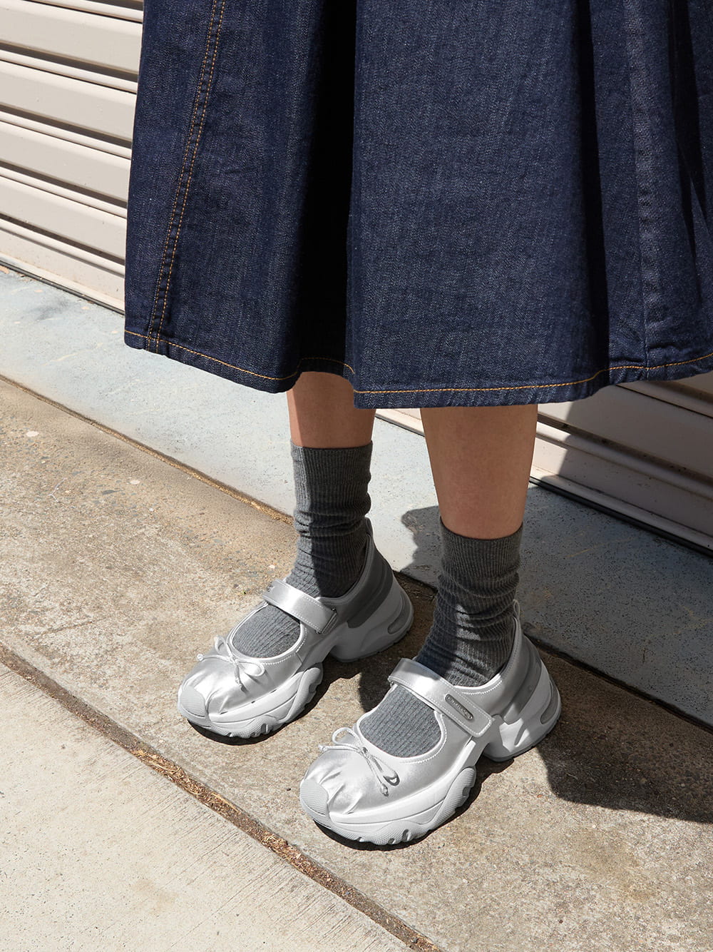 Women's Satin Bow Two-Tone Mary Jane sneakers in silver - CHARLES & KEITH