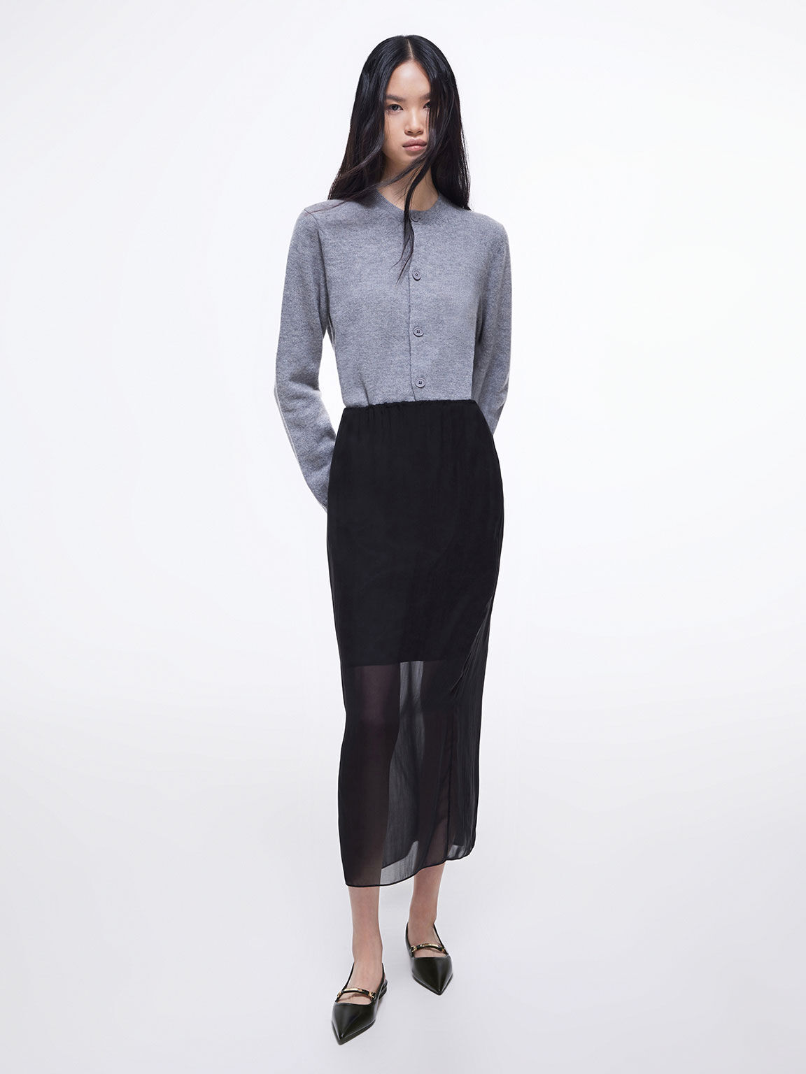 Slingback dames ballerina's met metallic streepaccent in zwart - CHARLES & KEITH