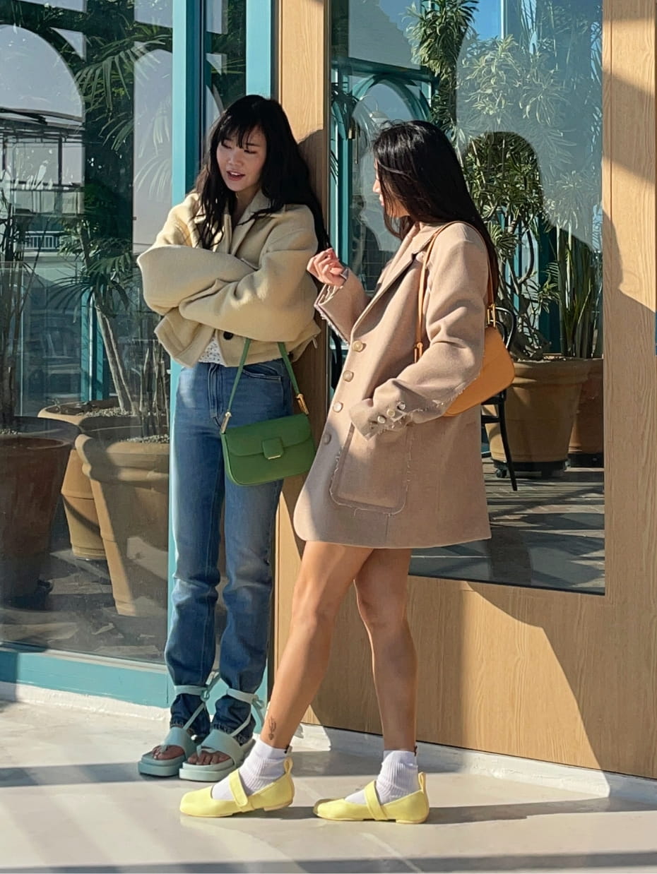 Women’s Koa square push-lock shoulder bag and Nori recycled polyester Mary Jane flats, as seen on Dasha Kim - CHARLES & KEITH