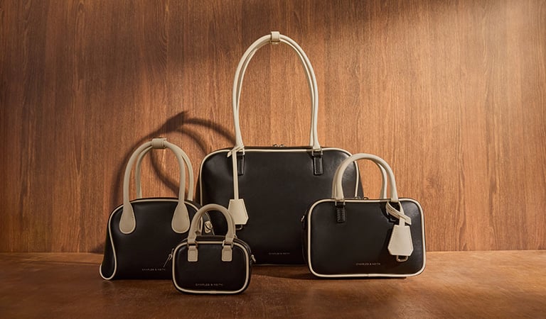 Sianna Two-Tone Bowling-Bag Charm; Mini Sianna Two-Tone Bowling Bag; Nelly Two-Tone Bowling Bag; Large Sianna Two-Tone Bowling Bag, all in black and white - CHARLES & KEITH