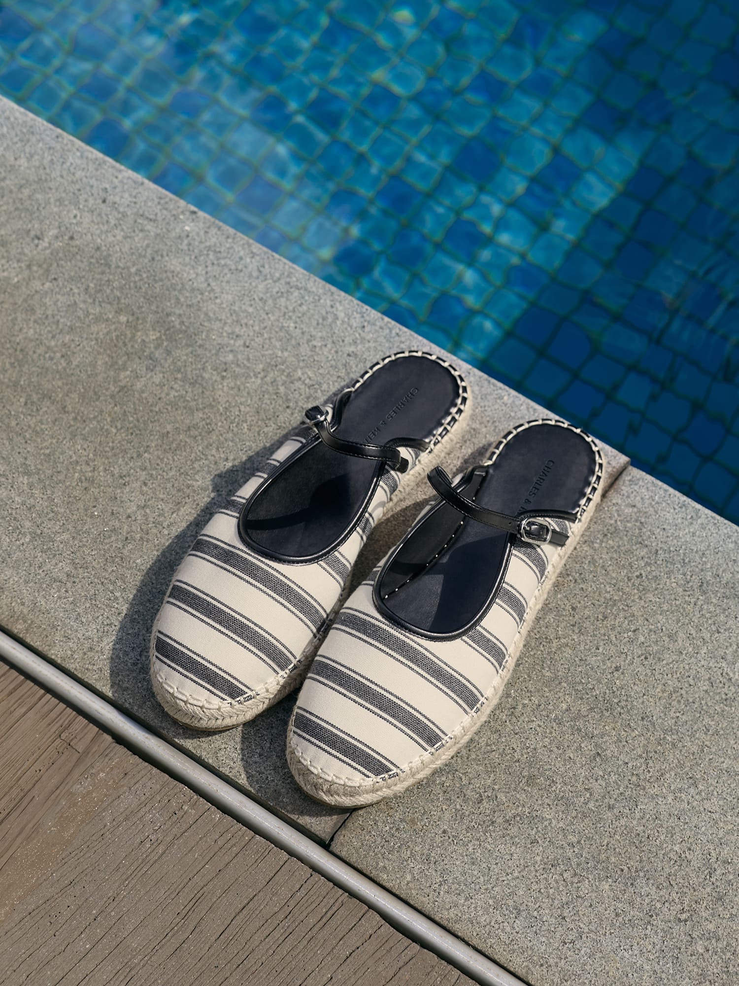 Black Textured Striped Mary Jane Espadrille Mules - CHARLES & KEITH