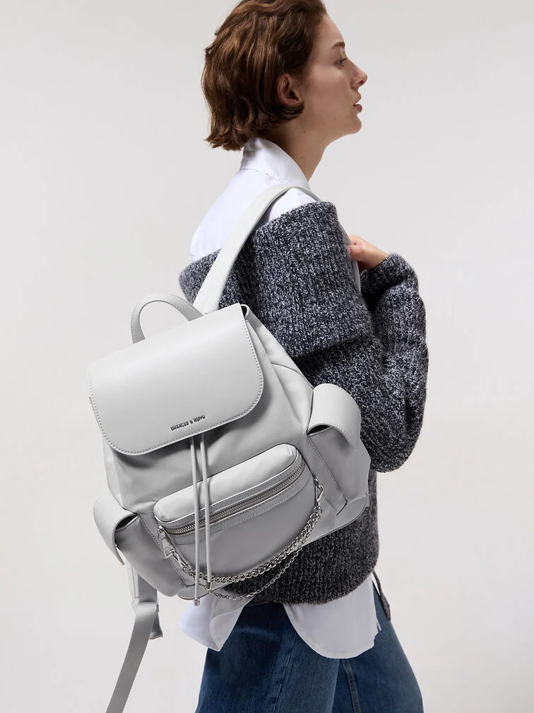 Women’s nylon puffy chain-link backpack in light grey – CHARLES & KEITH