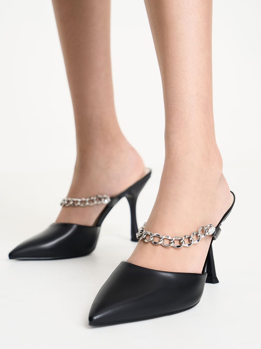 Women's black chain-link strap heeled mules - CHARLES & KEITH