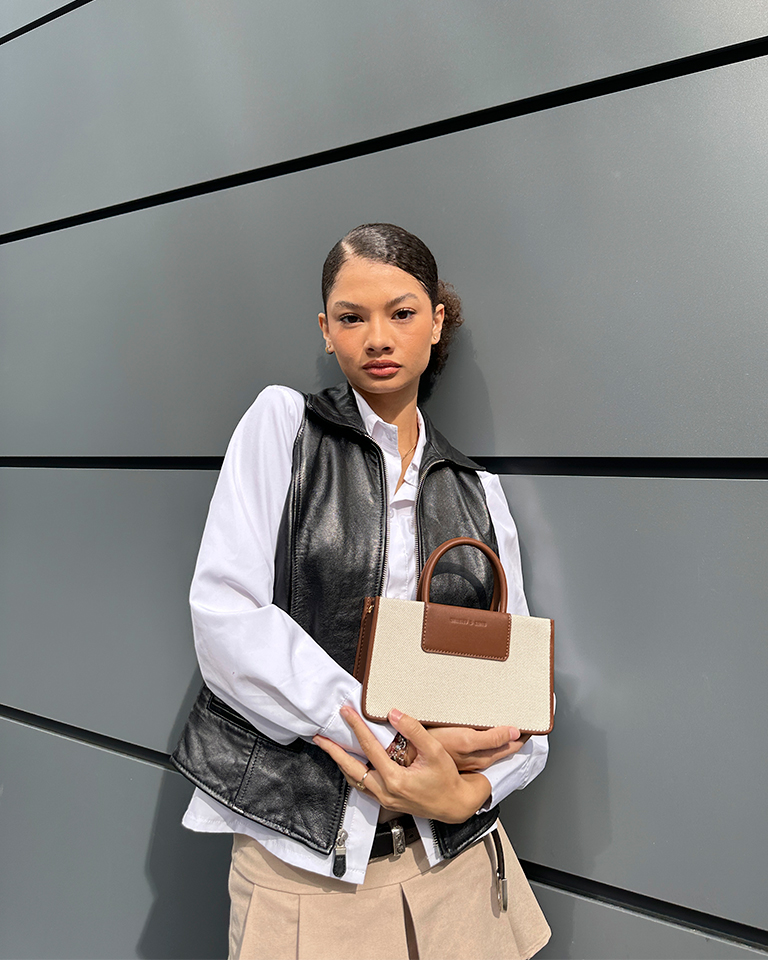 Women’s Mini Astra Canvas Tote Bag in chocolate, Gabine Leather Knee-High Boots in black - CHARLES & KEITH